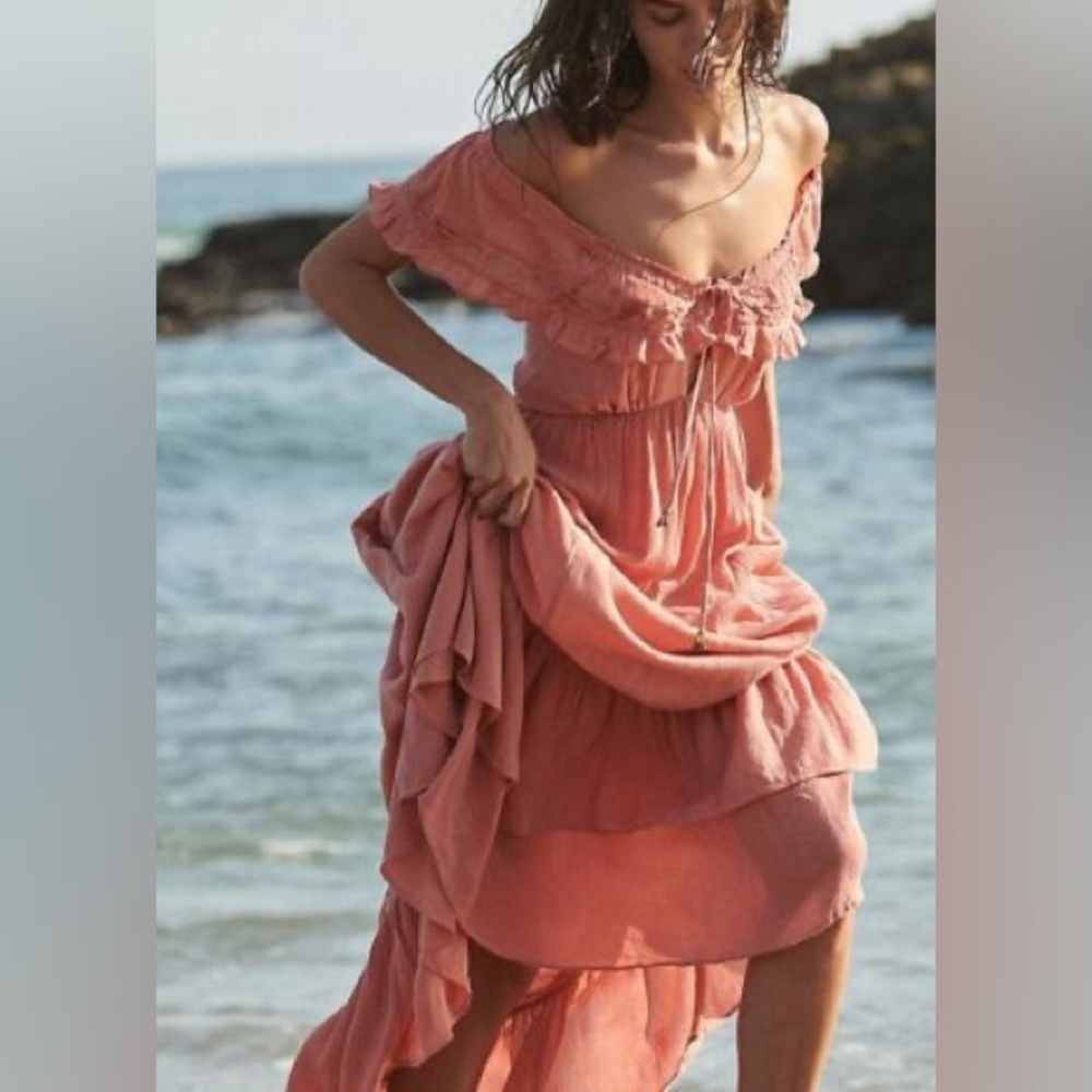 Free People Moonlight Ocean Open Back Ruffle Romantic Off Shoulder Maxi Dress - Picture 3 of 7